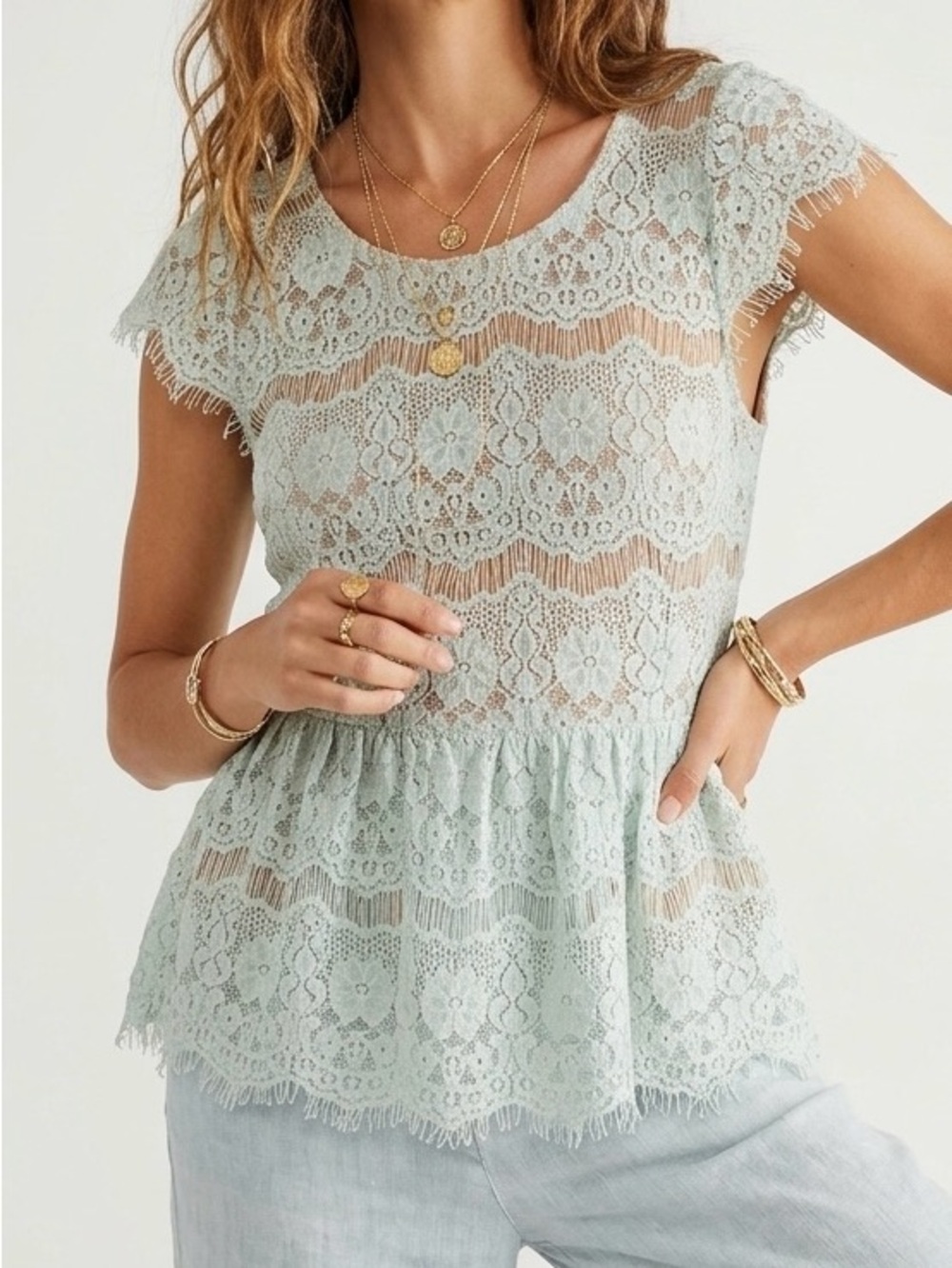 Anthropologie Maeve Katrine Mint Green Lace Peplum Top Blouse Nude Lining XS